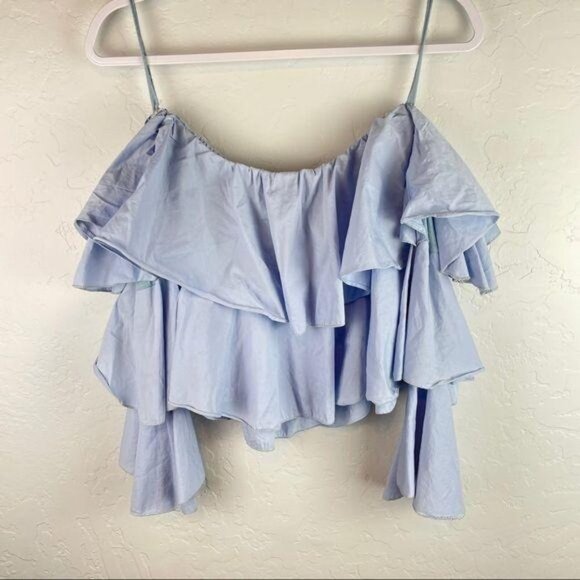 La Garconne‎ Moderne Tiered Ruffle Off-The-Shoulder Blouse Light Blue Layered - Picture 7 of 7